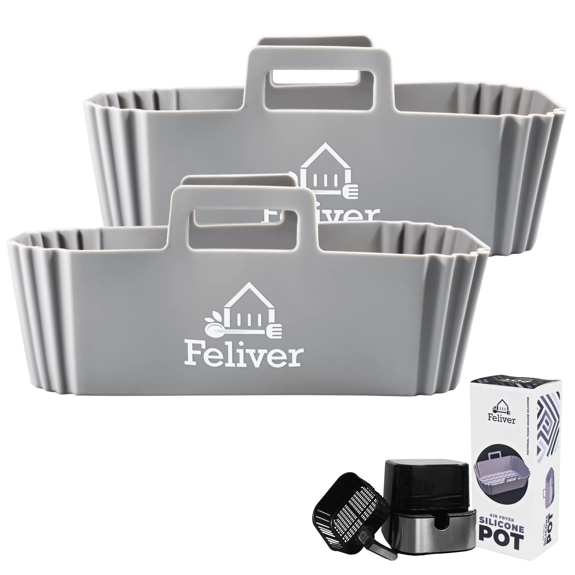 Feliver 2Pcs Air Fryer Silicone Pot Rectangular for Ninja Foodi Dual DZ201 8QT, Reusable Silicone Liner Replacement Baking Tray Basket Insert | Non-stick | Easy Cleaning | Food Safe | Gray