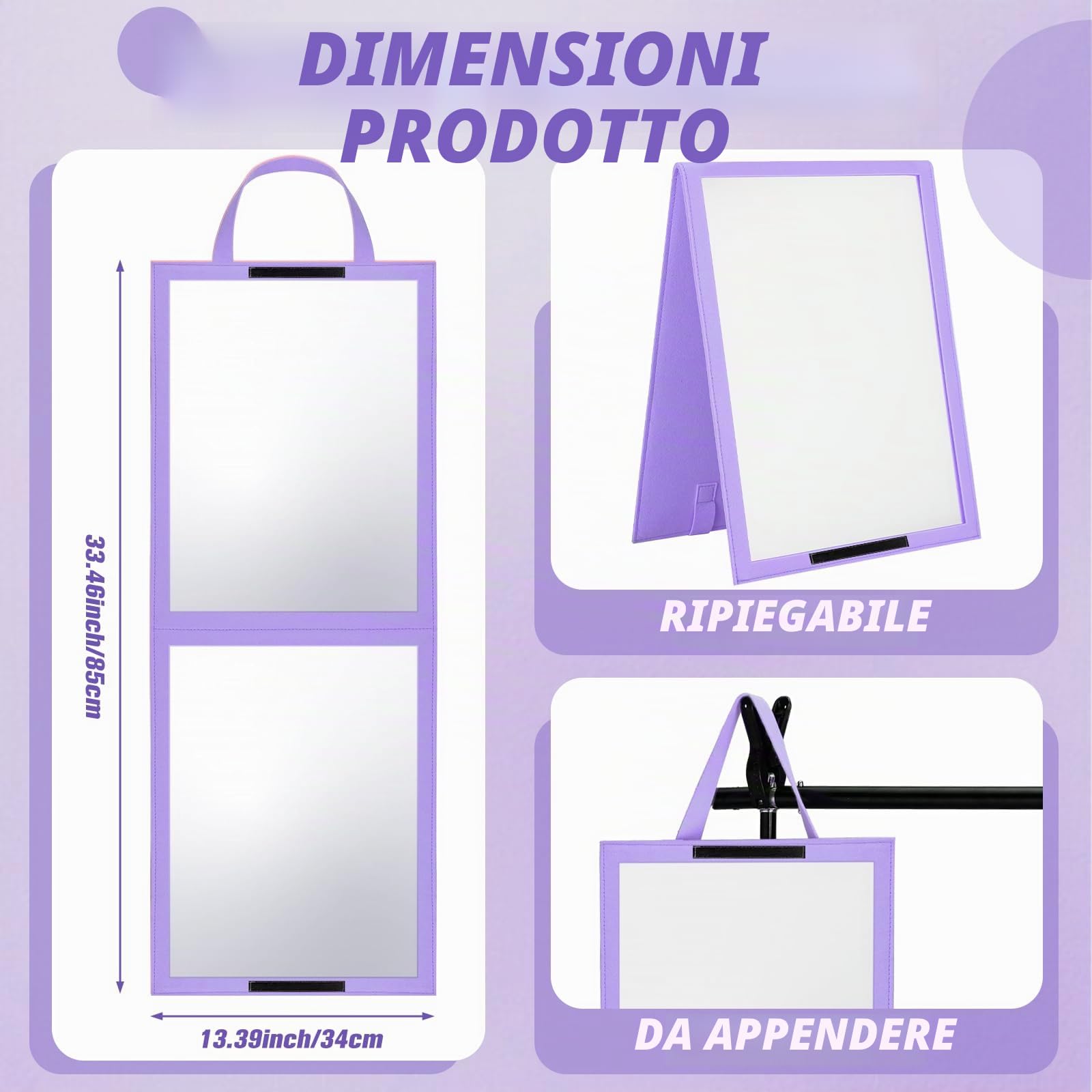 GlikCeil Specchio pieghevole da viaggio a figura intera, 85 x 33,4 cm, per backstage e borsa da ballo, casa, spa, eventi (viola)