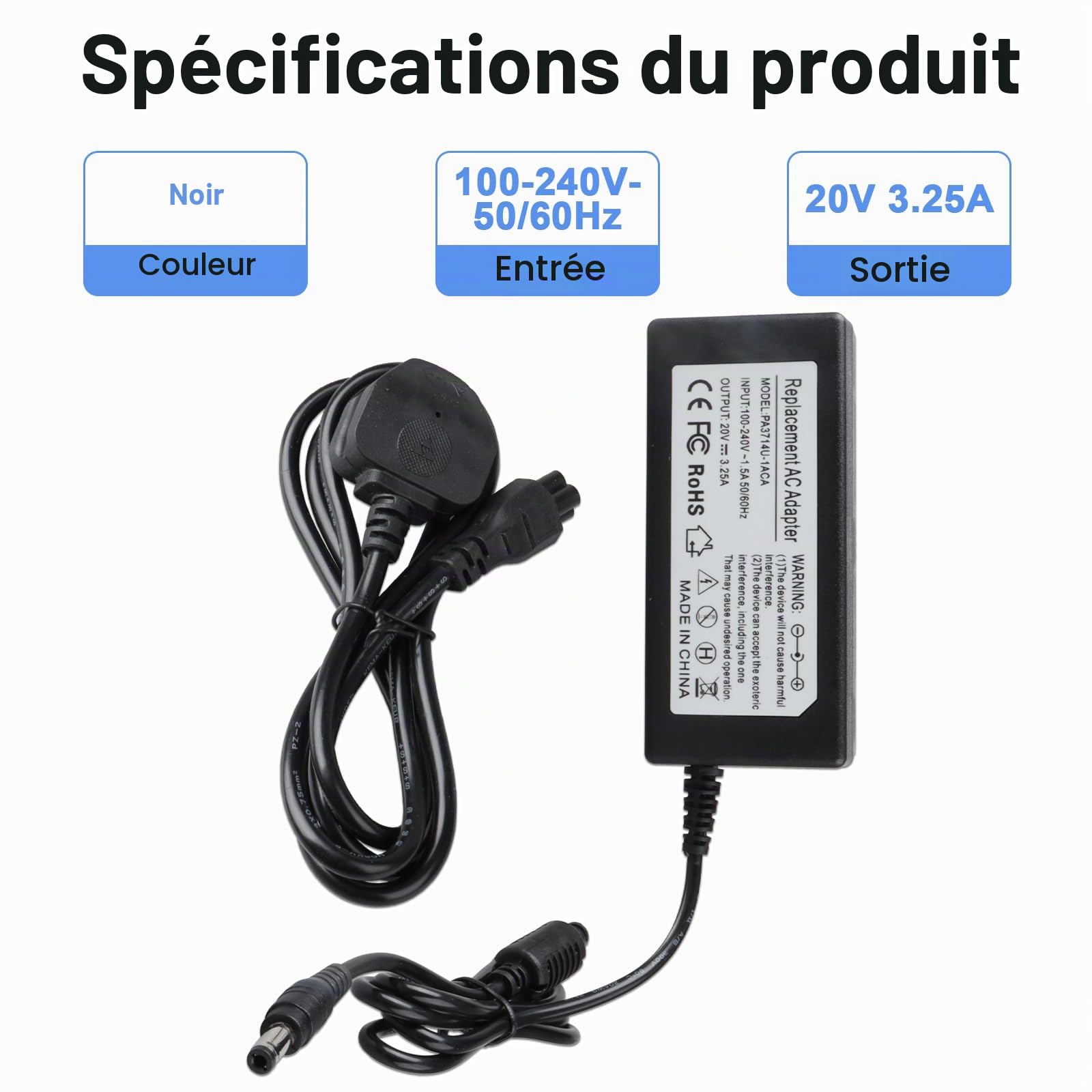 Alimentation MXJFYY 20 V 3,25 A pour Moniteur MSI, Chargeur pour Moniteur de Jeu MSI Optix G271 G272 G241 G241V G2422 G2412 G24C6 G27C5 G24C4 G27C6 G32C4 G32CQ4 ADPC2045 MAG274QFR MAG342CQR G24 G27