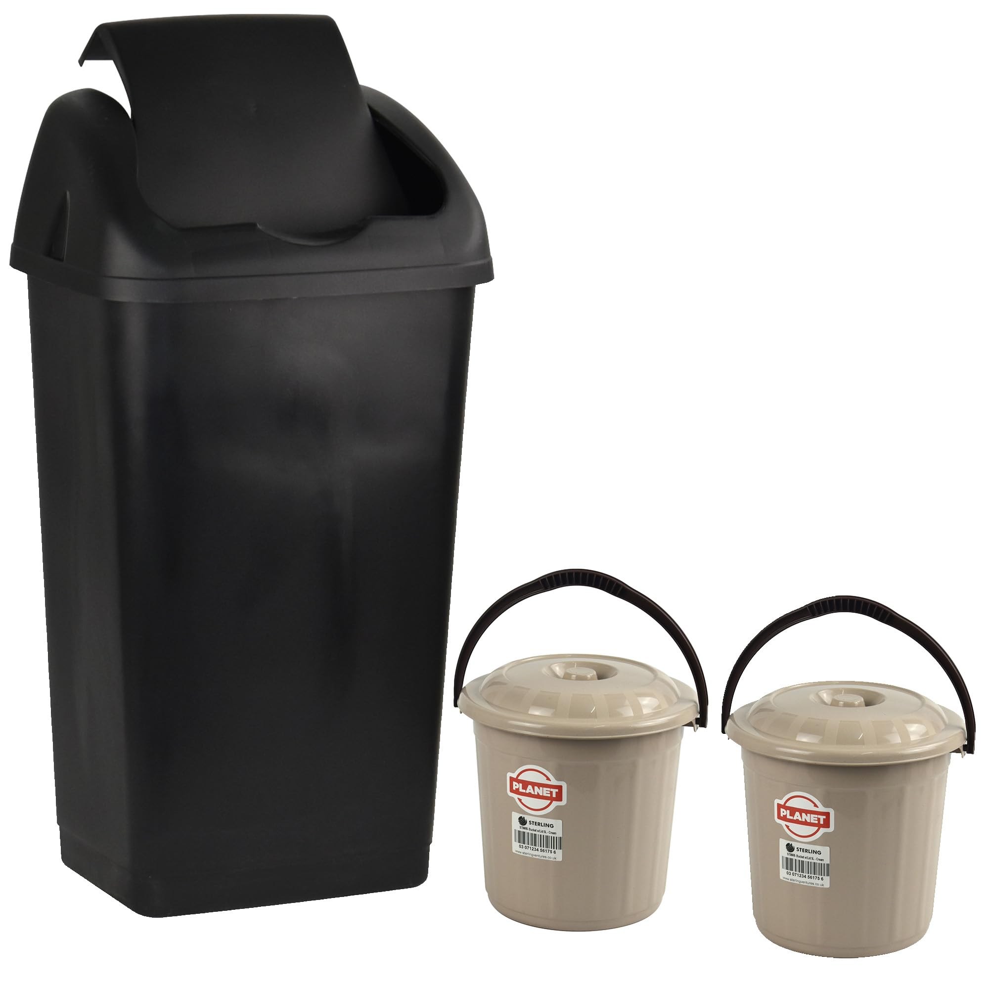 Bin & Buckets Set Swing Bin 60L and 2 Buckets 5L Multipurpose with Lid (Black & Cream)