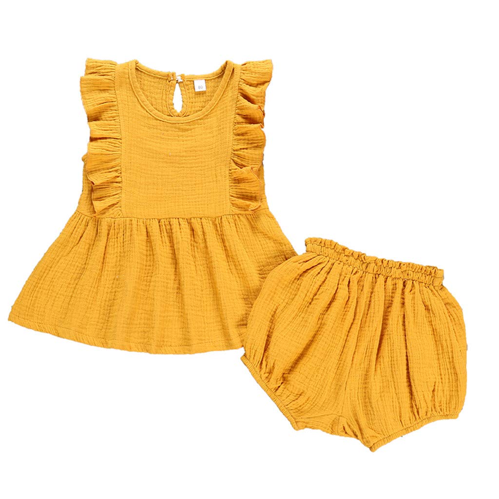 Lonshell Infant Baby Girl Off Shoulder Fly Sleeve Pure Color Ruffles Tops+Shorts Outfits 2PCS Outfits Clothes Sets Beach Bodysuit Casual Clothes for 0-3 Years