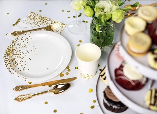 Miniatura 4 de 50 platos de papel blanco y dorado de 7 pulgadas, platos de postre, platos desechables de Año Nuevo, 50 aniversario, Acción de Gracias, Navidad y