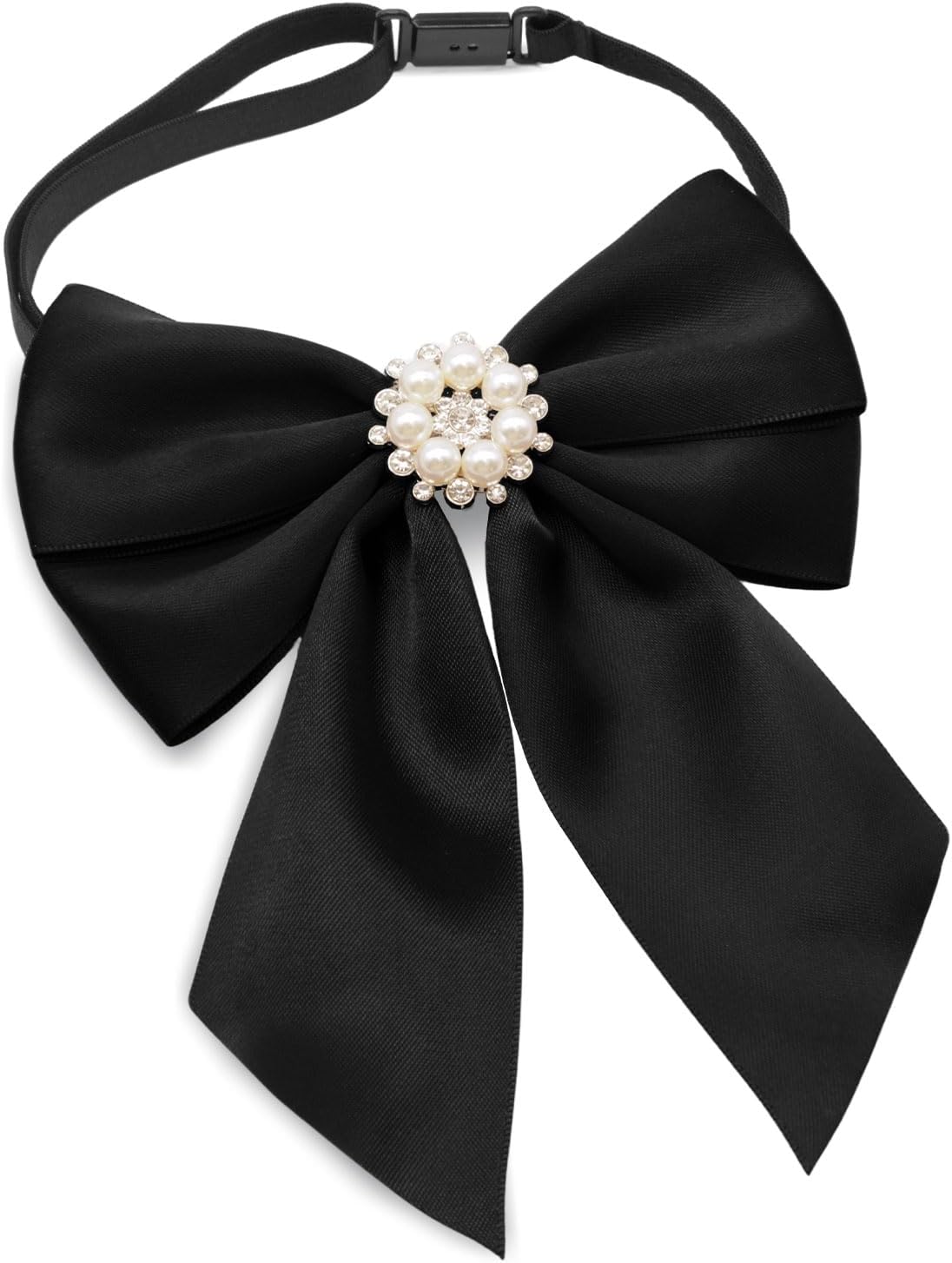 Pie-tied Bow Tie for Women, Solid Color Womens Bow Tie with Pearls | Soft Polyester, 6.3x5.12 In, Strap Adjusts To 18.5 In, Rhinestone Pearl Accent, Banquet Party Formal, Assorted Colors