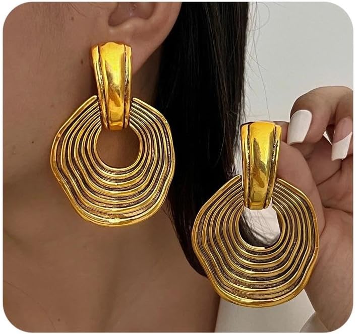 Chunky Gold Spiral Earrings,Exaggerated Texture Circle Dangle Earrings for Women,Large Round Door Knocker Earring