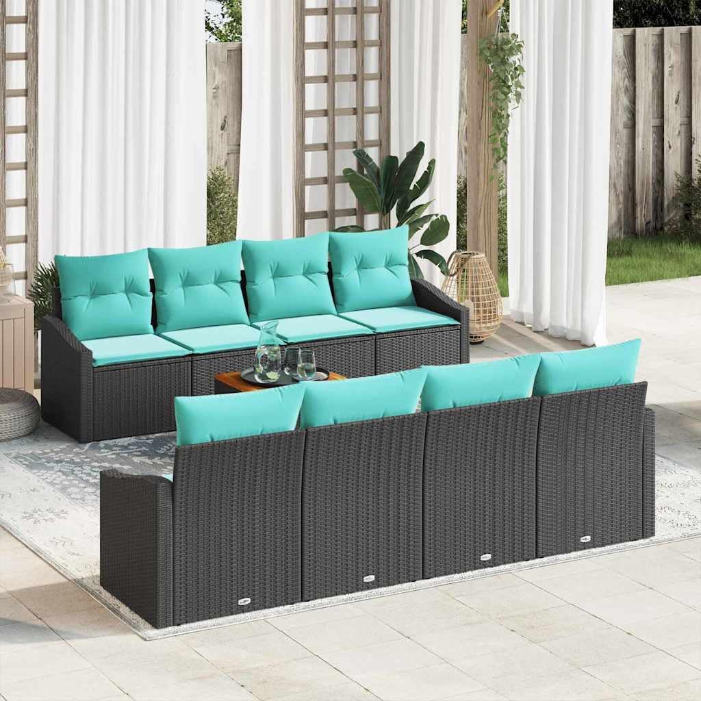 Juego de muebles de jardín de 9 piezas con cojines negros, polirratán modular para 8 personas, incluye mesa de jardín y cojines para terraza, balcón y jardín
