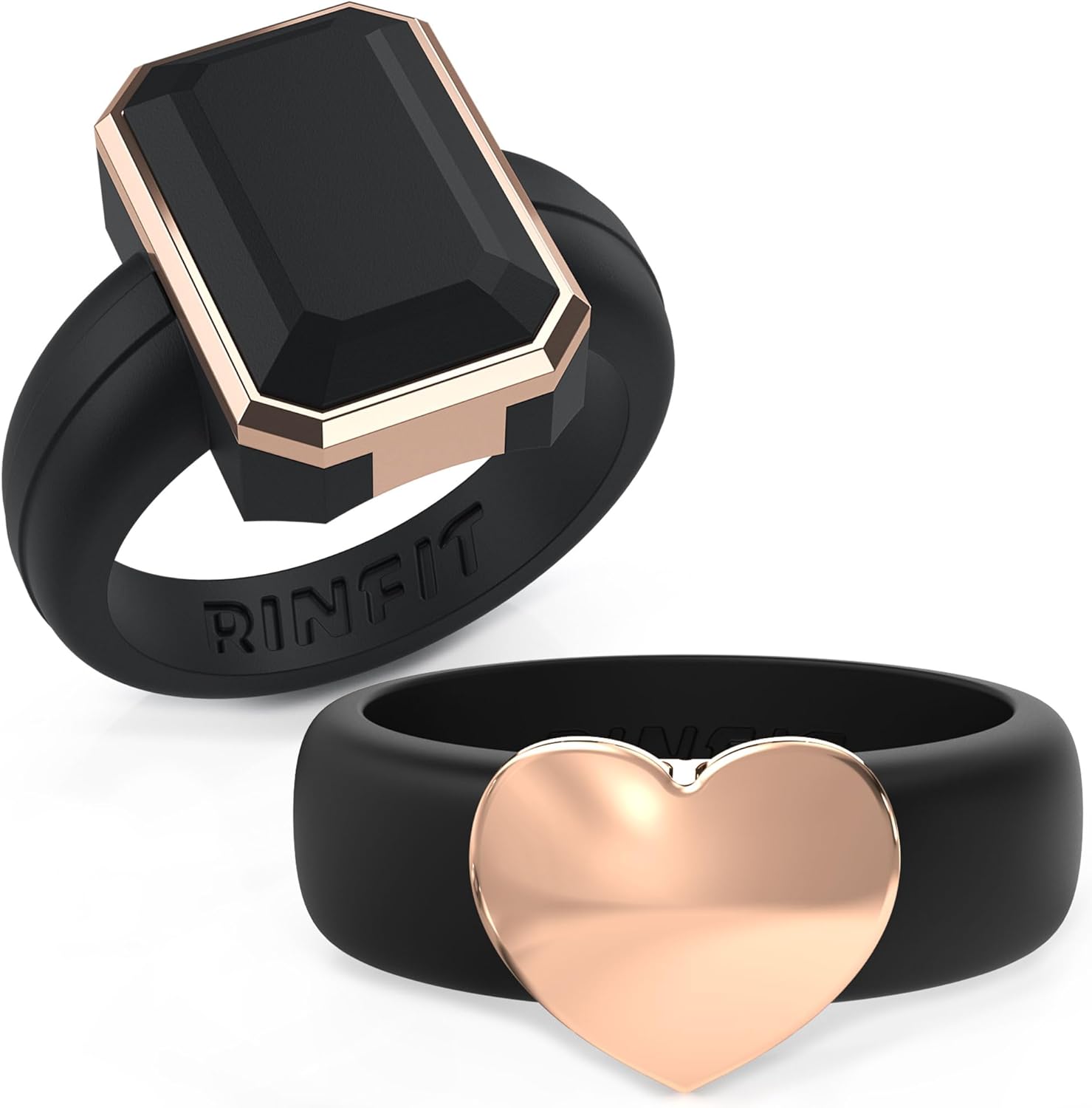 Rinfit Silicone Rings Women - Wedding Ring Set for Her - Emerald & Heart - Black/Metal Rose Gold - Size 5