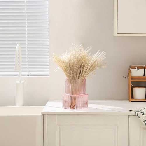 Miniatura 4 de Jarrón de vidrio rosa, jarrón de vidrio acanalado, jarrones de flores para ramo, jarrones acanalados para sala de estar, mesa de comedor, entrada,