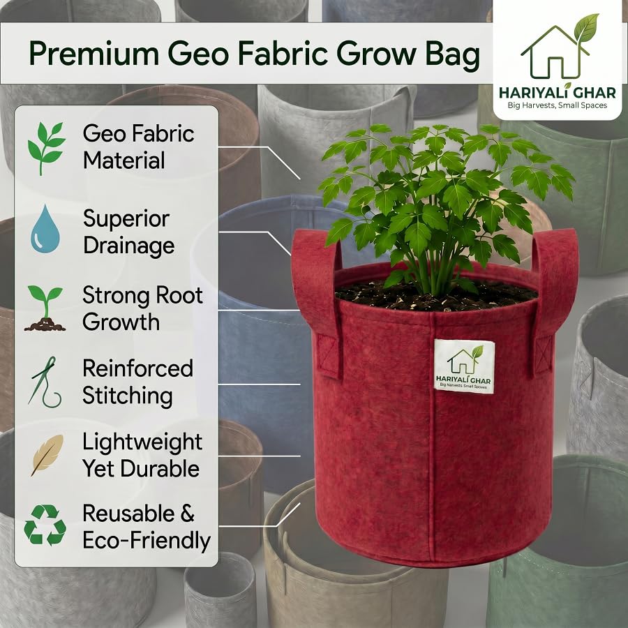 Image of 400 GSM Geo Fabric Round Grow Bags 8x8 Inch with Handle, Red Planting Bags for Terrace and Kitchen Gardening Pack of 8