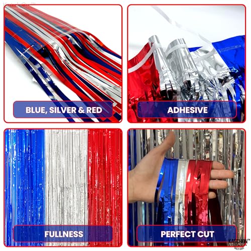 Image of KatchOn, XtraLarge Red White and Blue Streamers - 3.2x8 Feet, Pack of 2 | Red, White and Blue Decoration, Foil Fringe Backdrop Curtains, Tinsel Streamers Party Decorations for Patriotic Decorations