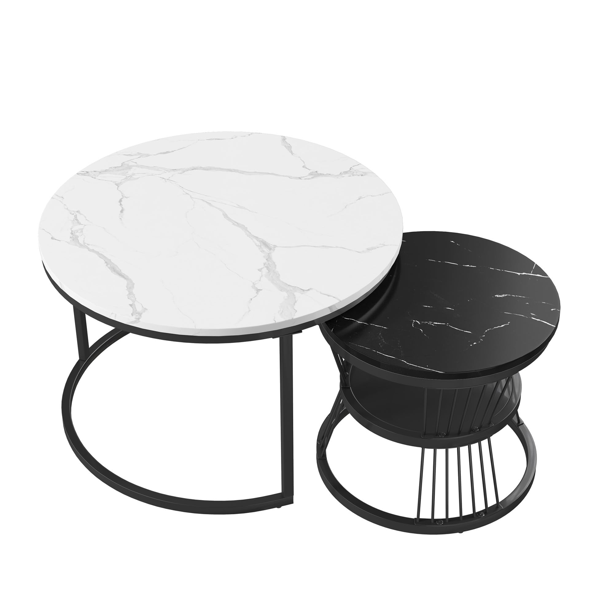 MEXUS Ensemble de 2 Tables Basses Rondes Modernes, placage marbre, Combinaison Table Basse, pour Salon, Balcon et Bureau, Structure en métal, Ø 80 et Ø 60 cm (Noir et Blanc)