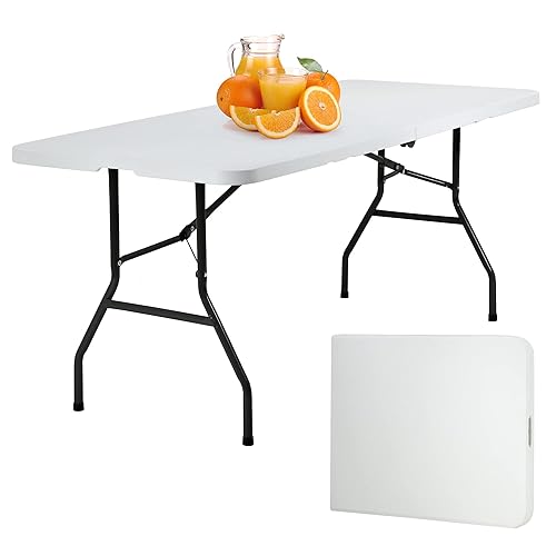 PayLessHere Folding Table Plastic Picnic Table for Parties Wedding Camping Office with Carrying Handle (White, 6 FT) - White - 6 FT