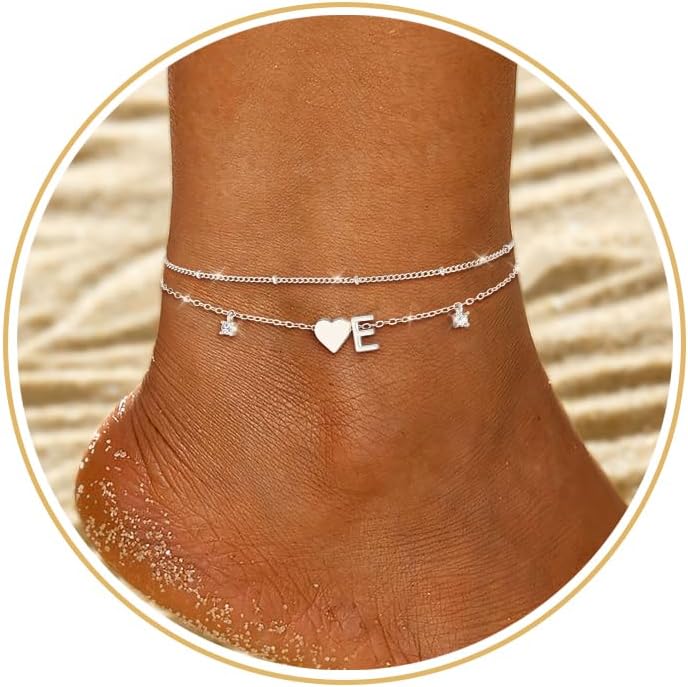 Gold Silver Ankle Bracelets for Women 14k Gold Plated Initial Anklets for Women Waterproof Non Tarnish Dainty Layered CZ Letter A-Z Heart Charm Anklet Set Summer Beach Foot Chain Jewelry Gift