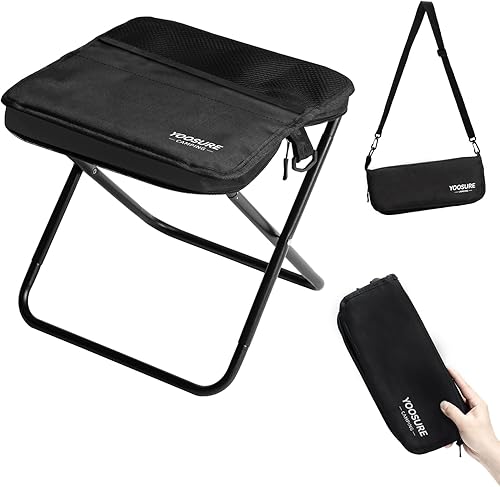 Taburete plegable compacto de 11.5 pulgadas de alto, taburete plegable portátil con 2 bolsillos laterales, mini taburete plegable ligero para