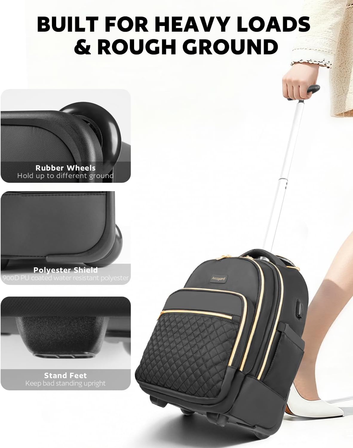 Rolling Backpack for Women, 15 inch Lightweight Wheeled Roller Laptop Backpack for Adults, Water Resistant Underseat Carry On Luggage Bag, TSA Friendly Anti Theft Business Gear, Black Gold - Image 5