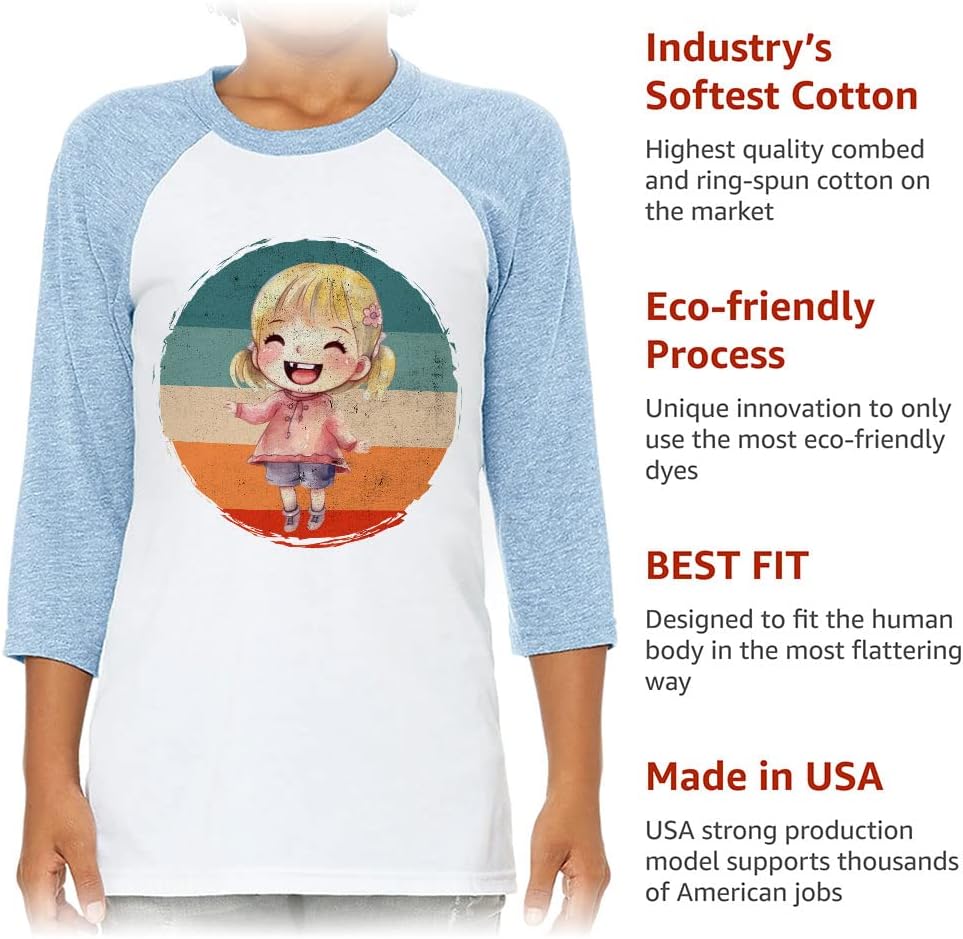 Cute Girl Print Kids' Baseball T-Shirt - Retro 3/4 Sleeve T-Shirt - Paint Baseball Tee
