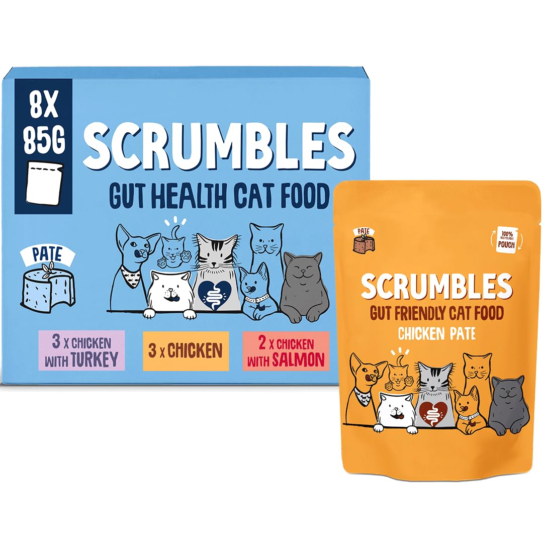 Scrumbles • Wet Cat Pouches • Pate • Hypoallergenic • All Lifestages • 3x Chicken • 3x Chicken with Turkey • 2x Chicken with Salmon • 8 Pouches (85g) • 60%+ Meat • Prebiotics