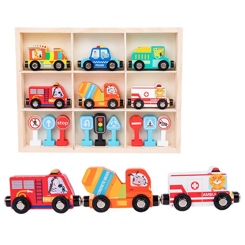 Astrowinter Wooden Trains Cars with Traffic Signs, Magnetic Train Cars Toy Set for Toddlers and Kids AW-067-UK-B