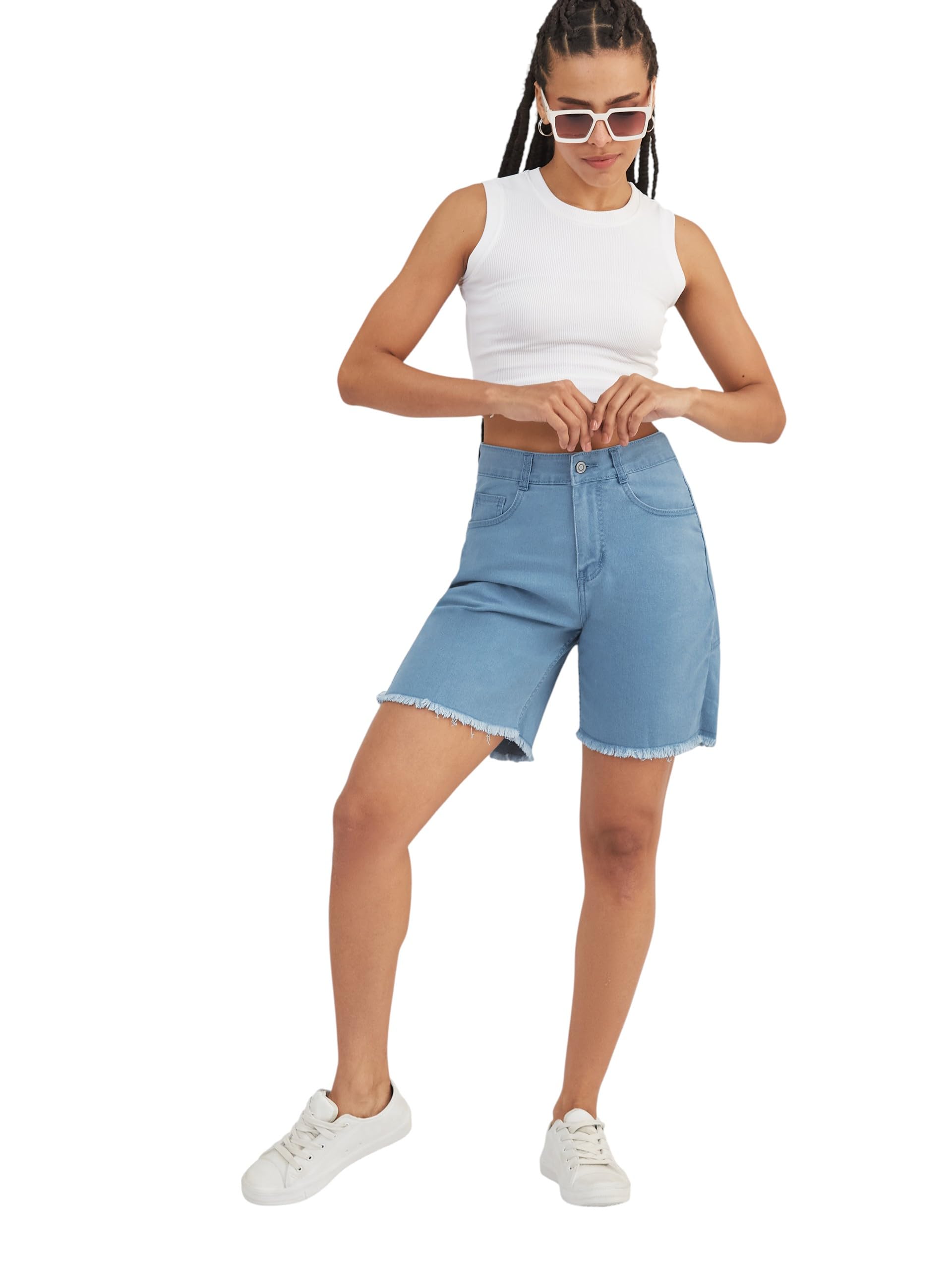dolce crudo Women's Regular High-Rise Above Knee Stretchable Denim Shorts-picture-23