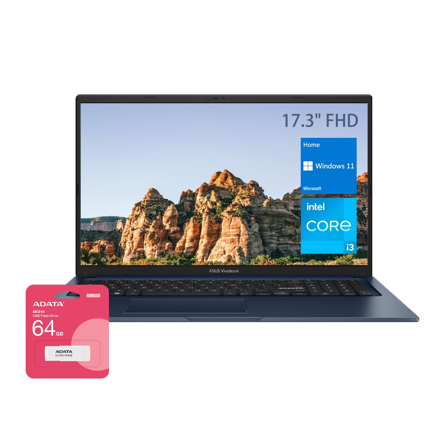ASUS Vivobook 17 Laptop, 17.3" FHD Display, Intel Core i3, 36GB RAM, 1TB PCle SSD, Webcam, Wi-Fi, Bluetooth, HDMI, Windows 11 Home, Quiet Blue, Bundle with UC310 64GB USB Flash Drive