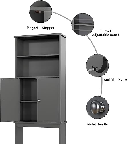 Miniatura 6 de Shintenchi - Gabinete de almacenamiento para baño, organizador de estantes anticaída para colocar sobre el inodoro, con estantes ajustables y barra