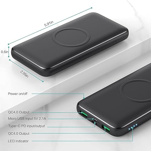 Miniatura 5 de Cargador portátil inalámbrico, 13800 mAh, 15 W, carga inalámbrica rápida, 25 W, PD QC 4.0, cargador de batería externa, 4 salidas y entrada dual,