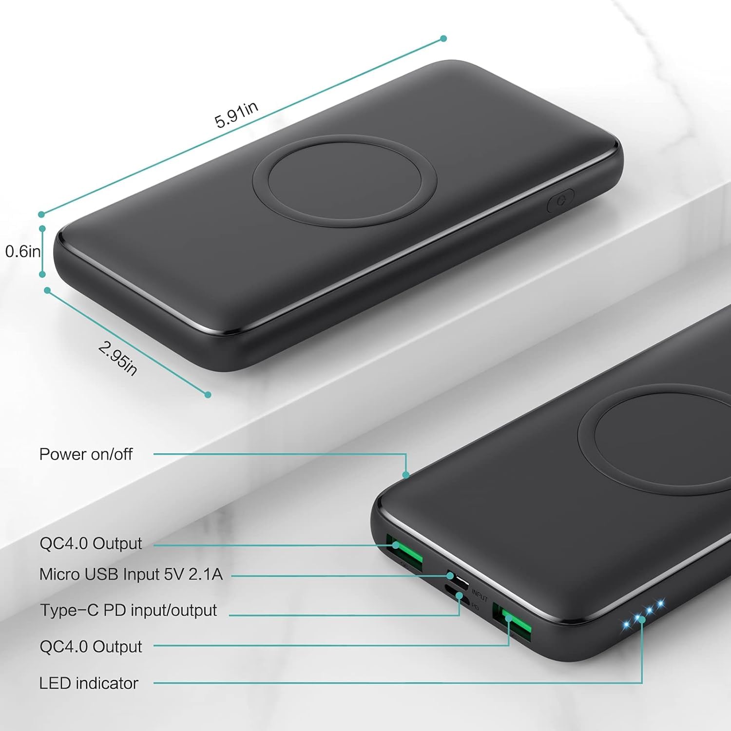 H.H.E.T.P Power Bank Wireless 13800mAh 15W - Caricabatterie Portatile Con Ricarica Veloce 25W PD QC4.0, 4 Uscite E Doppio Ingresso, Per IPhone 15/14/13 E Samsung - 3