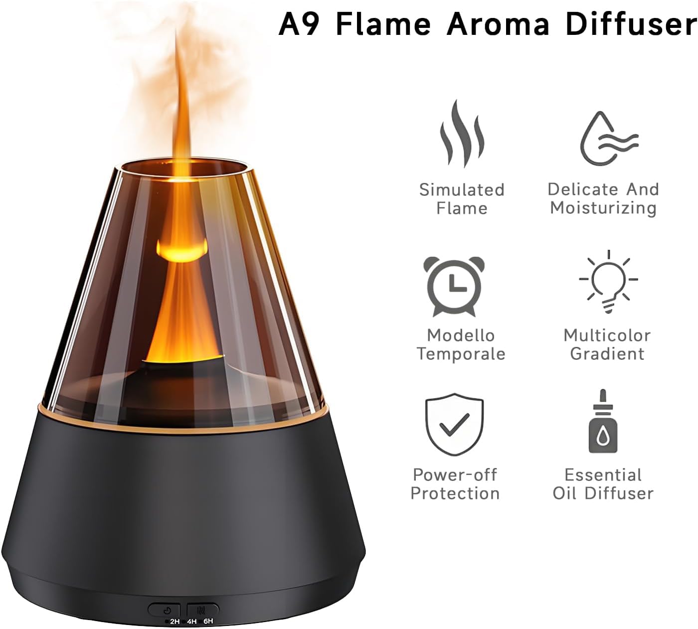 QUMOX Diffuseur d'arômes A9 Flame 150 ml – Humidificateur d'huiles essentielles avec simulation de flamme et lumière ambiante changeante de couleur, minuterie 2 h/4 h/6 h, arrêt automatique, brume fra