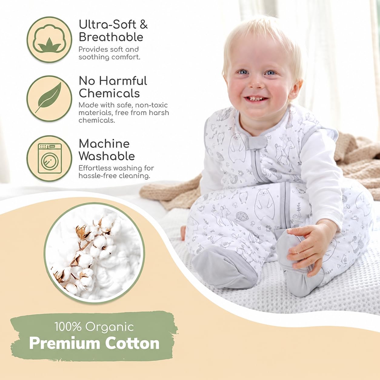 Mama Cheetah Baby Wearable Blanket, Organic Cotton Sleep Bag, Sleeping Sack with 2-Way Zipper