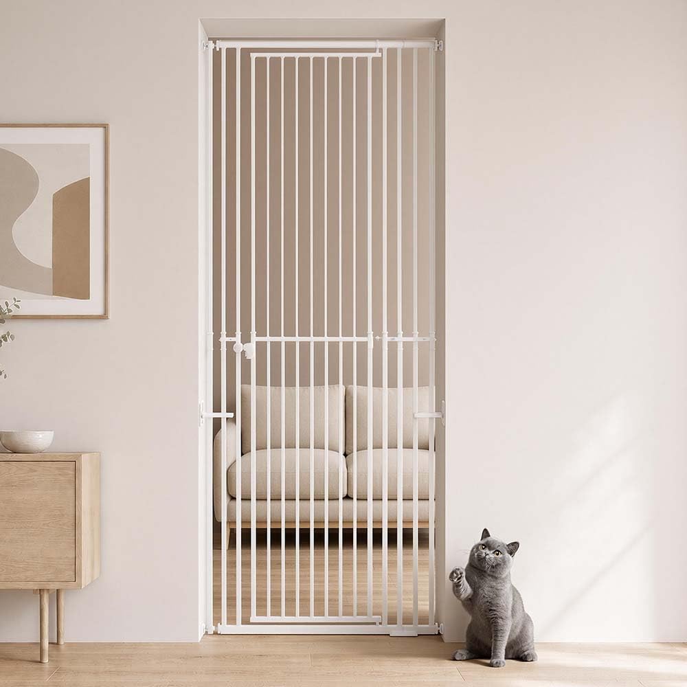 unipaws Cancello per gatti extra alto, regolabile in altezza 119-220 cm, adatto per aperture larghe 70-95 cm, cancello per animali domestici in metallo senza foratura, con porta a due vie, per porte