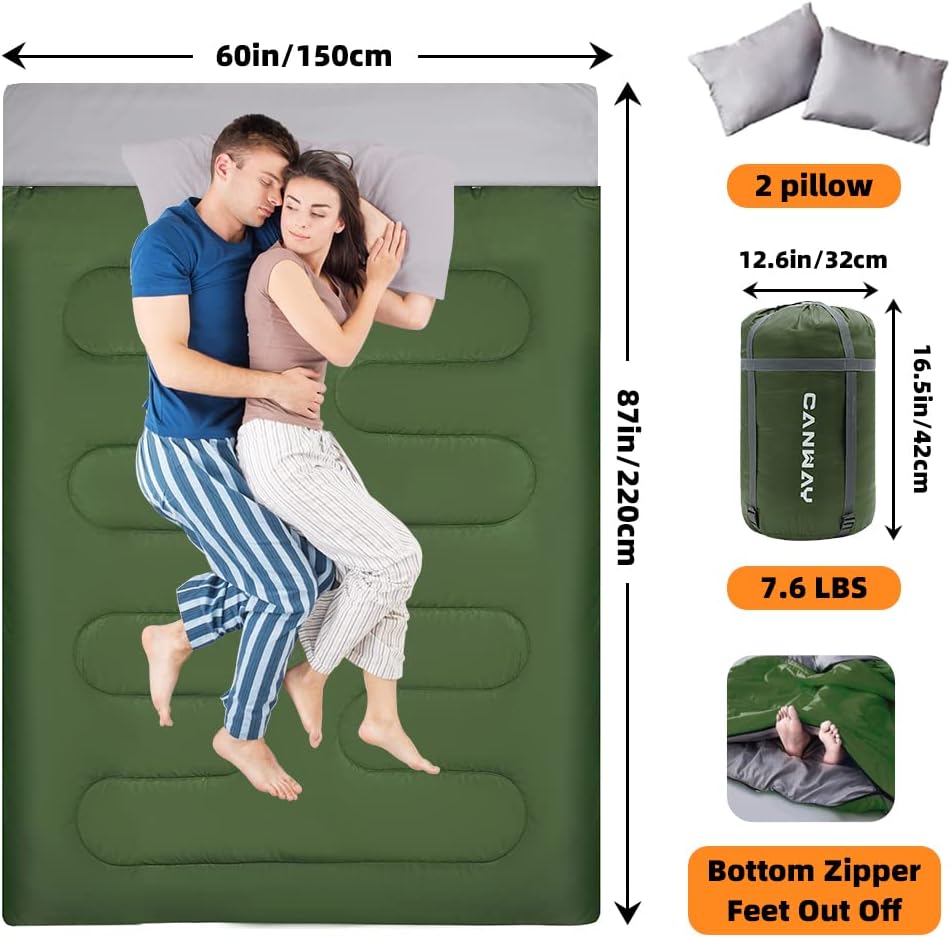 CANWAY Double Sleeping Bag,2 Person Sleeping Bag Lightweight Waterproof with 2 Pillows for Camping, Backpacking, or Hiking for Adults or Teens Queen Size XL & XXL