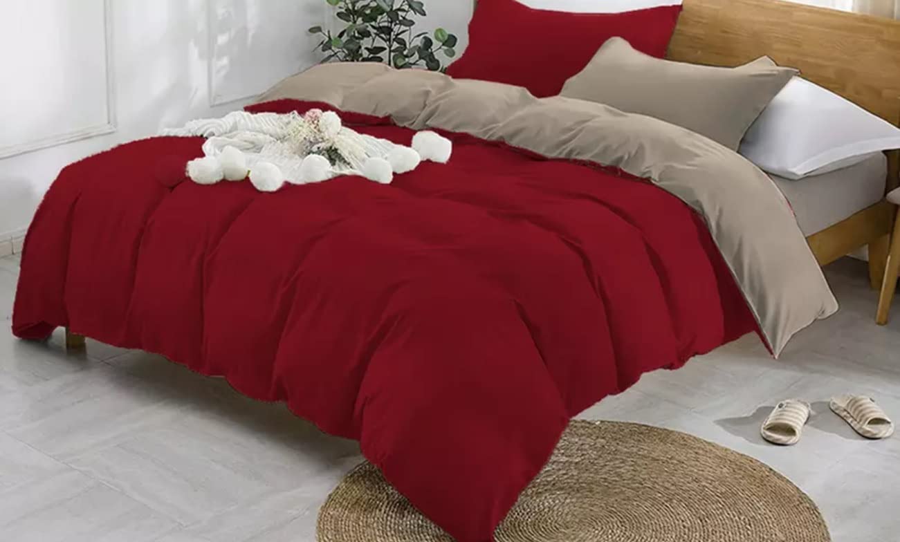 Parure Copripiumino Matrimoniale in 100% Puro Cotone, Double Face Rosso e Tortora, con federe e Bottoni; 255x240cm / Set copripiumino per letto matrimoniale