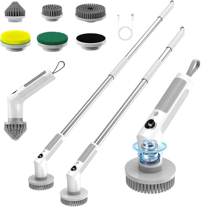 Electric Spin Scrubber, Cordless 20W High-Torque IPX7 Waterproof Cleaning Brush with LED Battery Display, 2-Speed &6 Replaceable Heads & Extension Handle for Bathroom Kitchen Car