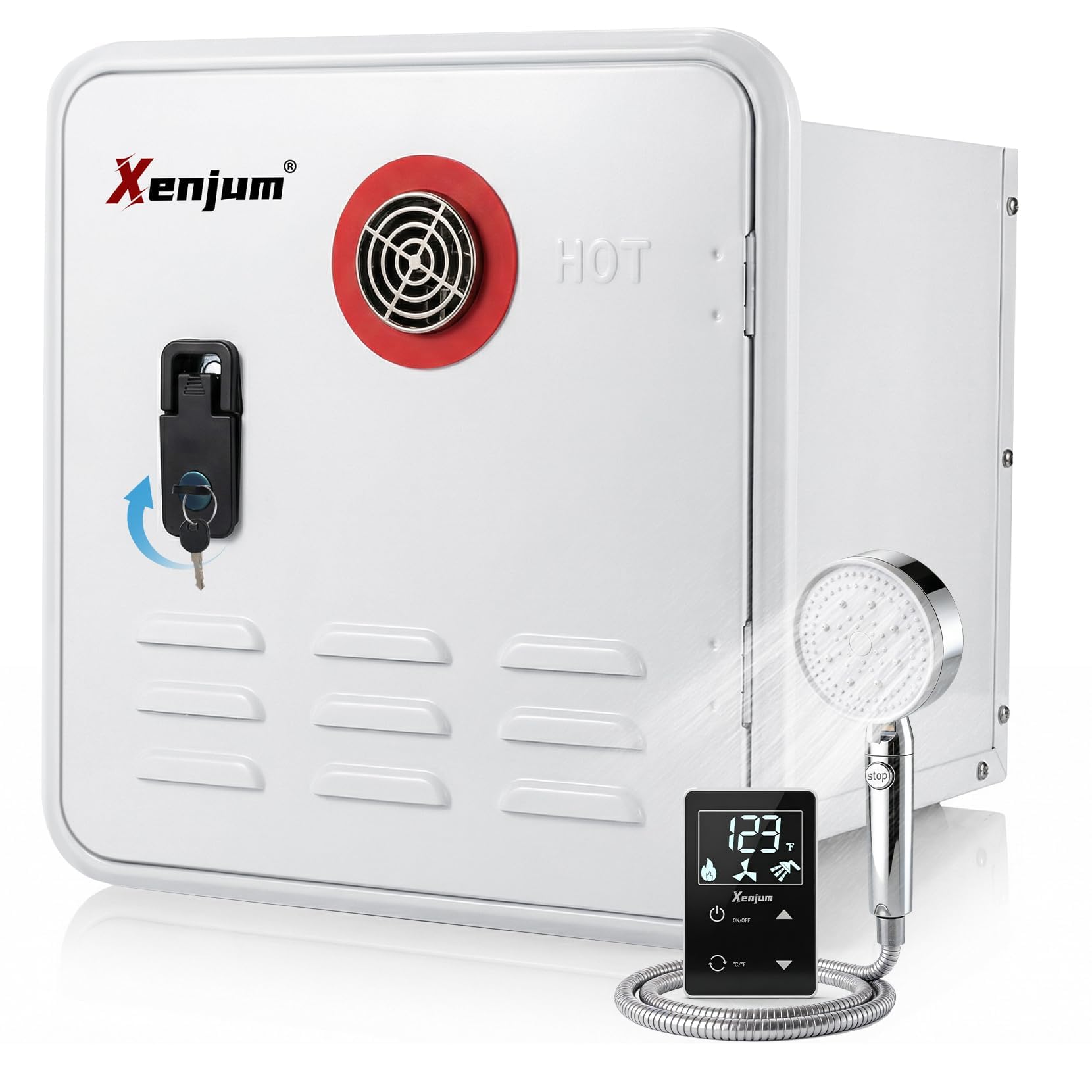 RV Tankless Water Heater, 65000BTU Dual-Outlet Lockable Instant Camper Hot Water Heater with Controller, 12V Propane Saving Shower for Full Time RV, Off-Grid, High Altitude, 15x15 Inch Door