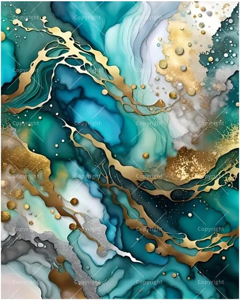 Abstract Art Paint by Numbers Kit for Adults - DIY Teal and Gold Marble Effect Abstract Painting on Canvas 12X16IN, Framed Acrylic Paint Set, Suitable for Beginners,Art for Decoration or Gifts