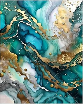 Abstract Art Paint by Numbers Kit for Adults - DIY Teal and Gold Marble Effect Abstract Painting on Canvas 16x20 Inches, Acrylic Paint Set, Suitable for Beginners,Art for Decoration or Gifts