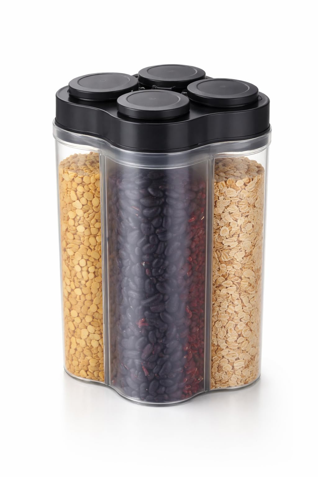 RUSHINEX 4-In-1 Multi Compartment Airtight Food Storage Container | BPA-Free Plastic Jar with 4 Flip Lids | For Dal, Cereals, Spices, Pulses, Snacks & Dry Storage | Transparent Kitchen Organizer Large-image-49