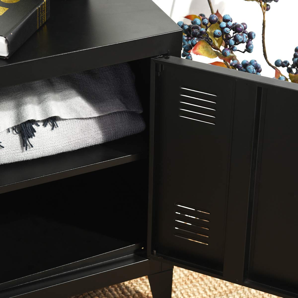 FurnitureR Armadietto portaoggetti verticale in metallo, tavolino con ripiani a 2 livelli, comodino per soggiorno, camera da letto, ufficio, nero