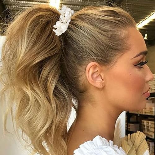 Miniatura 4 de Brinie Lazos para el cabello de concha de color blanco bandas elásticas para el cabello de perlas soportes para cola de caballo anillos elásticos