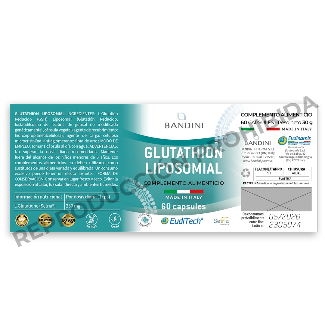 Bandini® Glutatión Liposomal 60 Cápsulas Veganas - L-Glutatión Setria | Alta Dosis, Absorción y Biodisponibilidad - L-Glutathione Reducido y Bioactivo - Antioxidante y Antienvejecimiento - Sin OMG