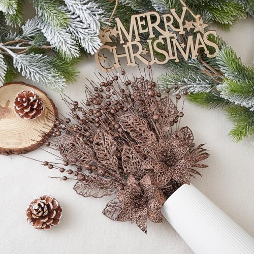 CristBest 24 Pack Christmas Tree Ornaments - Artificial Flowers Glitter Berry Stems Christmas Floral Picks Branches for Xmas Tree Decorations Vase Filler Holiday Wedding Party Home Decor (Brown) - image 3
