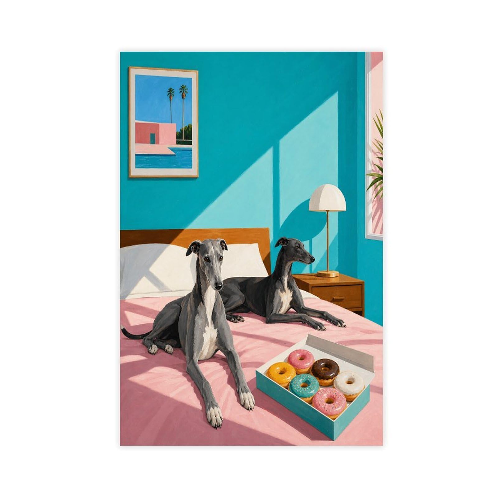 W7c8u2x3 Unframe-Style-6 Greyhounds In Bright Bedroom Canvas Wall Art, Cubist Reading Corner