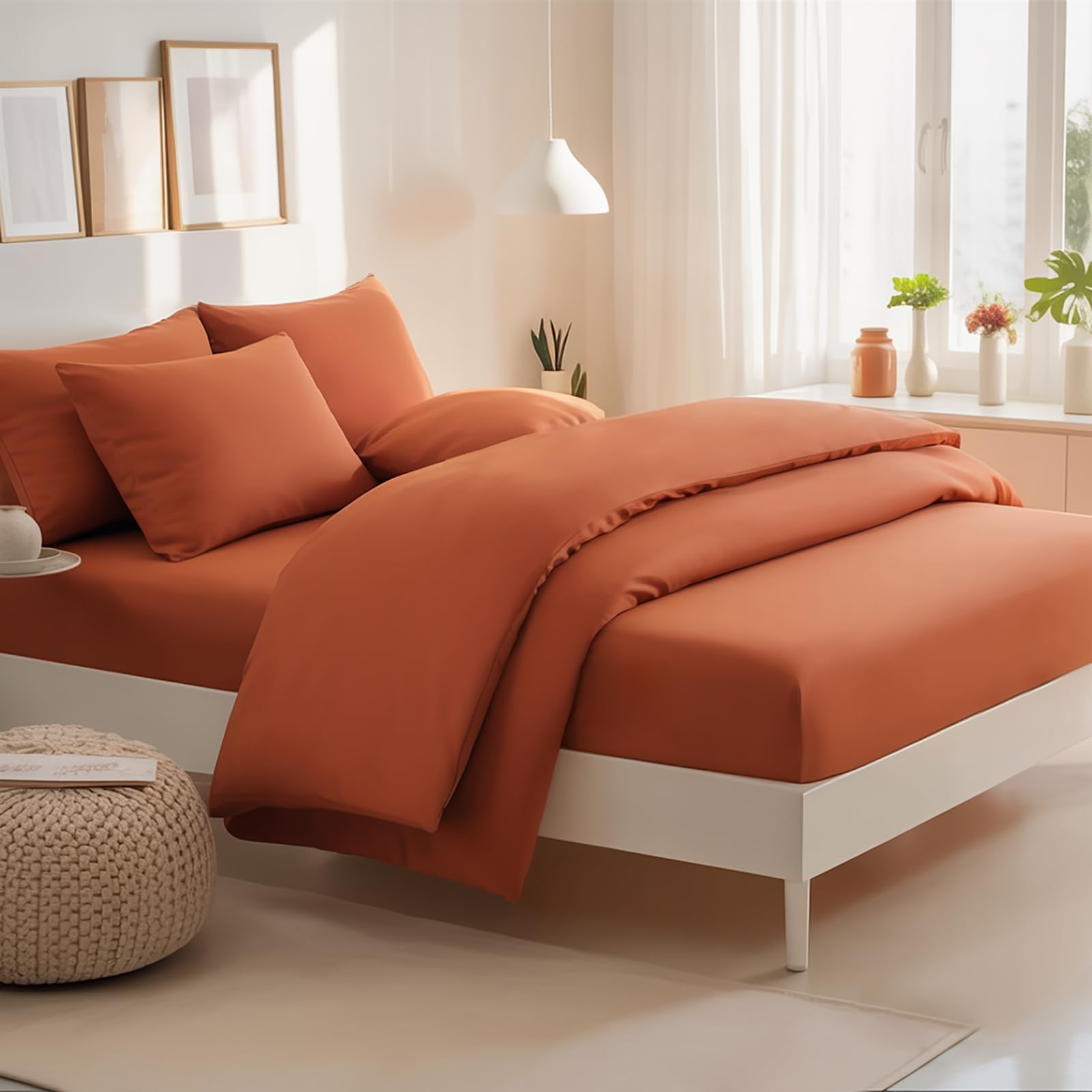 RUIKASI Bedding Sets King Size Bed - 4 Piece Bedding Set Kingsize Bed, Deep Pocket Fitted Sheet and Duvet Cover with Pillow cases, Soft Microfiber Duvet Set with Zipper, Terracotta