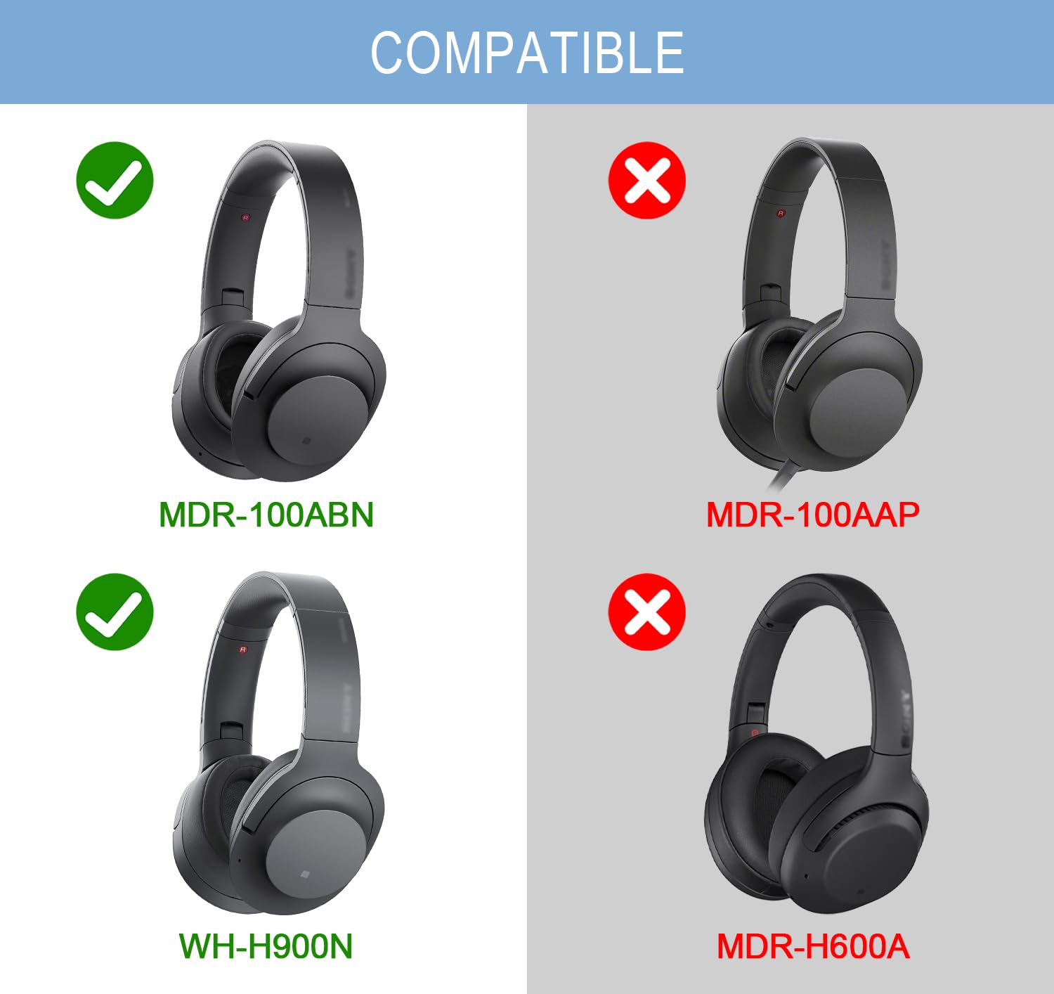 Almohadillas de repuesto para auriculares Sony WH-H900N/MDR-100ABN con piel proteica más suave, espuma viscoelástica de aislamiento de ruido superior, grosor añadido (negro)