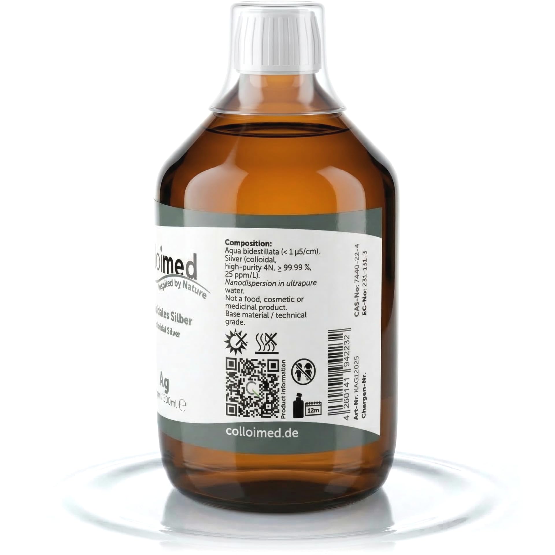 Kolloidales Silber 25ppm hoch konzentriert Reinheitsstufe 99,99% in brauner Apotheker-Glasflasche 500ml (Silber-25ppm, 500ml)