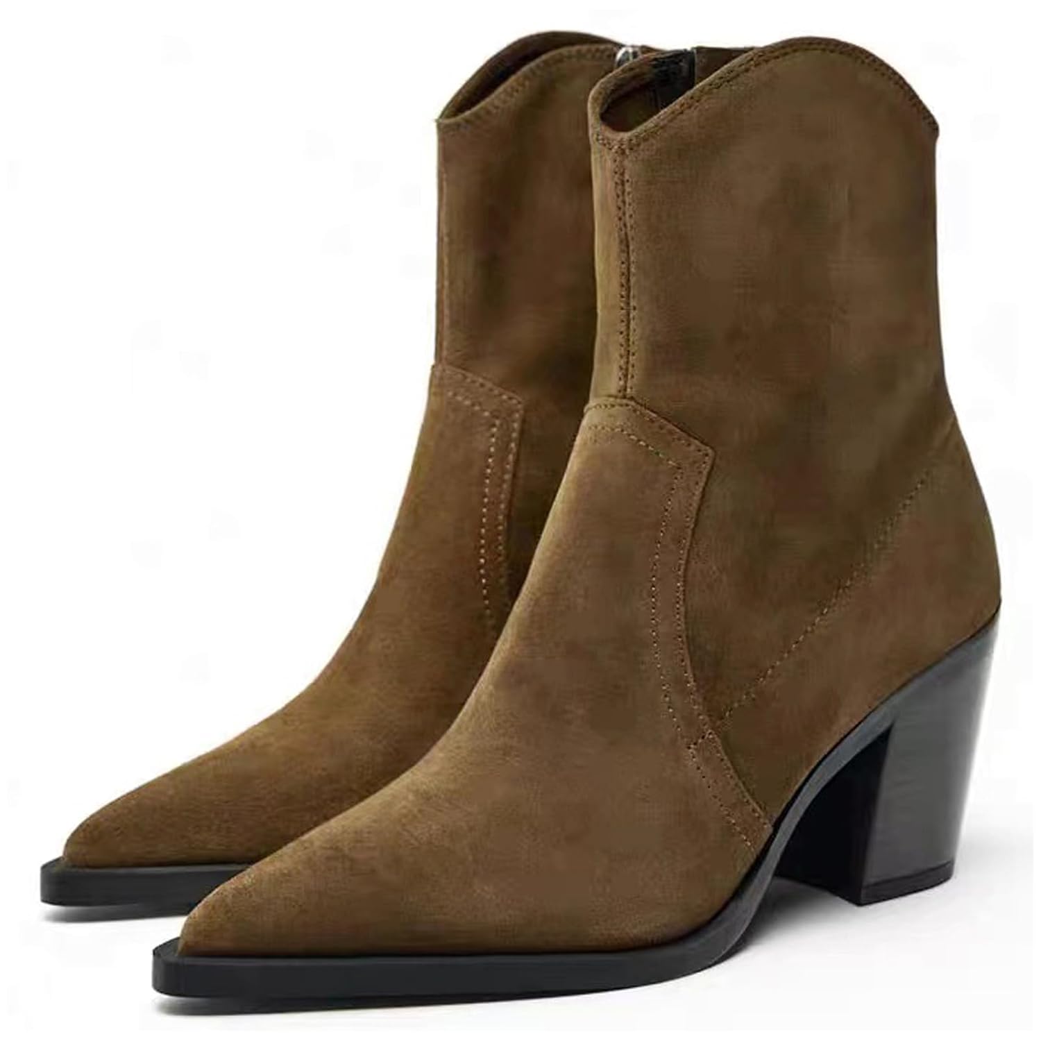 Womens Suede Western Cowgirl Ankle Boots Chunky Block Stacked Heeled Pointed Toe Comfort Pull On Fall Dress Chelsea