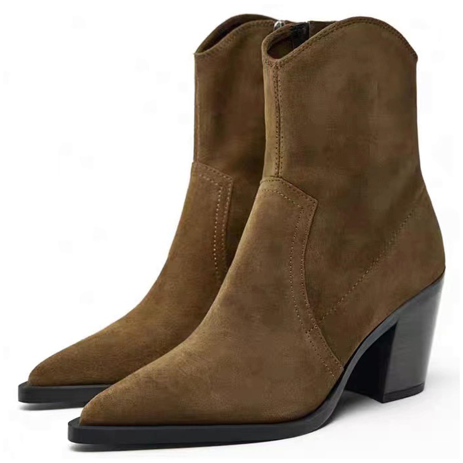 Womens Suede Western Cowgirl Ankle Boots Chunky Block Stacked Heeled Pointed Toe Comfort Pull On Fall Dress Chelsea