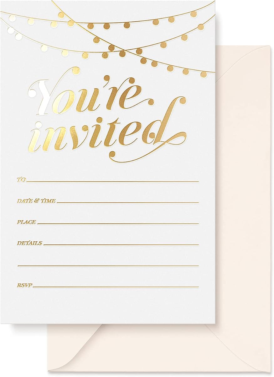 S&O Party Invitations! 25 Gold Foil Traditional Invitations with Envelopes, Wedding, Baby, & Bridal Shower Invite, Housewarming Birthday, and Girls Quinceanera Invite Cards for Every Celebration - 4x6