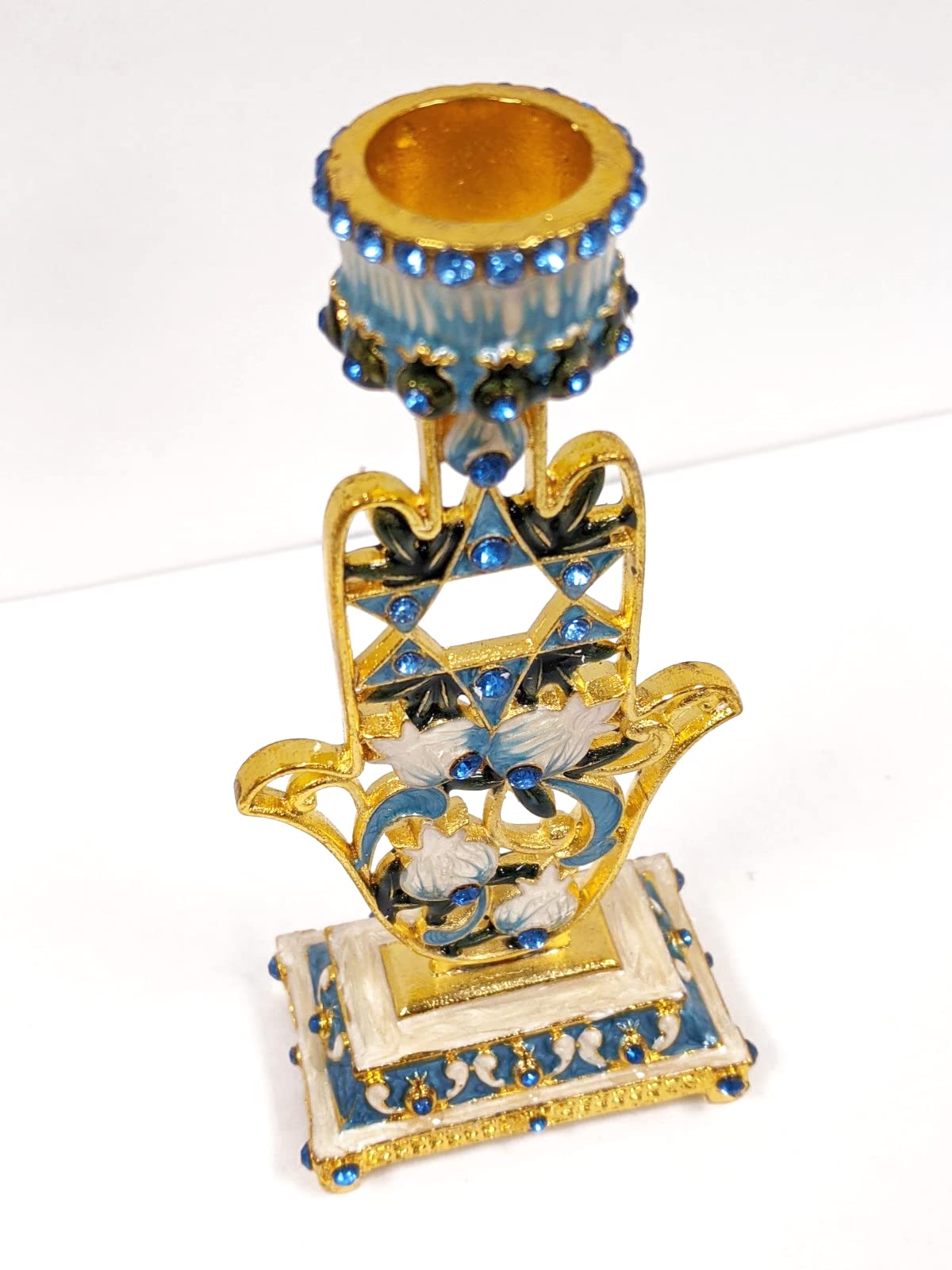 Gorgeous Blue Hamsa Candle Holder with Genuine Crystals Comes in a Beautiful Gift Box