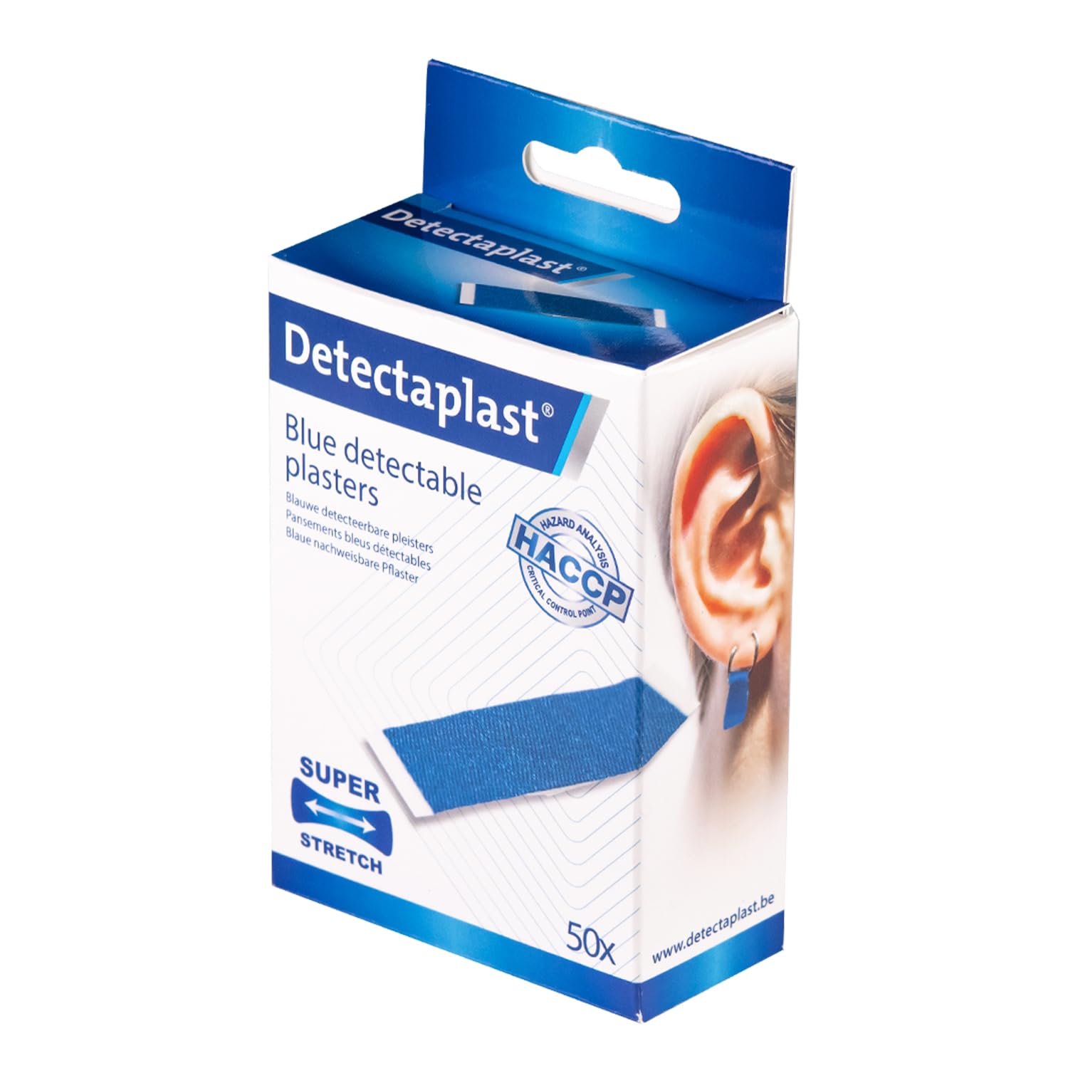 Niebieskie plastry Detectaplast Elastic, elastyczne plastry wykrywane przez detektory metalu, do apteczek dla cateringu i branży spożywczej, pomoc kuchenna, 9x38 mm (kolczyki), 50 szt.
