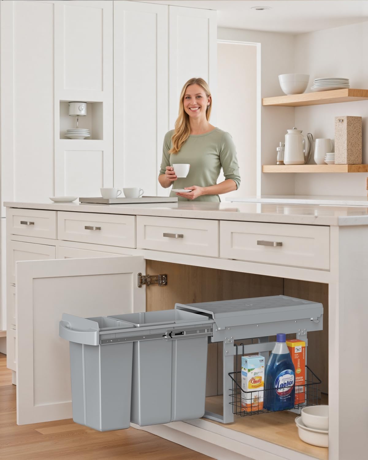 lovewind Abfallsammler Tandem, 10L+20L, Mit seitlichem Hängekorb, Abfalleimer für Schränke ab 300 mm Breite, Mülltrennung als Vollauszug mit Teleskopschienen, Dunkelgrau